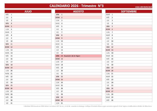 Calendario laboral del tercer trimestre de 2026, diseño rojo con días festivos