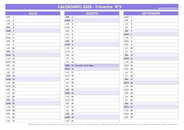 Calendario laboral del tercer trimestre de 2026, diseño morado con festivos