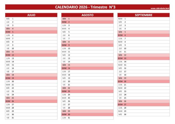 Calendario del tercer trimestre de 2026 en color rojo para imprimir
