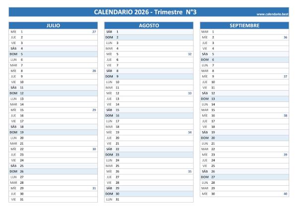 Calendario del tercer trimestre de 2026 con semanas, diseño azul para empresas
