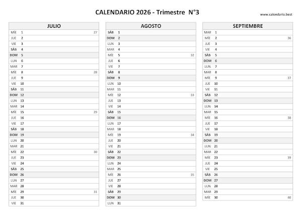 Calendario del tercer trimestre de 2026 con semanas, diseño en blanco y negro para imprimir
