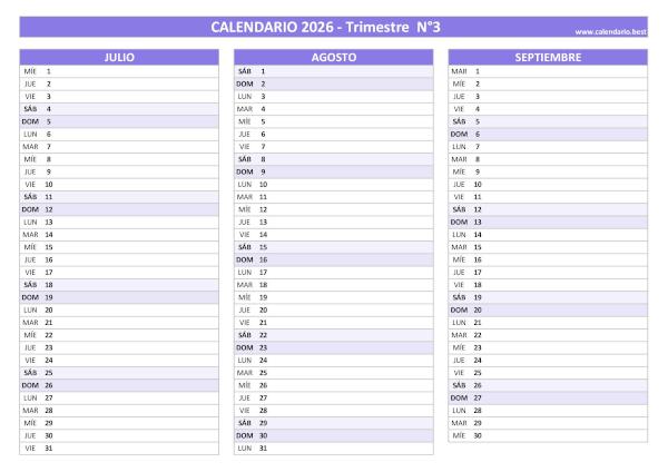 Calendario del tercer trimestre de 2026 en blanco, diseño morado para imprimir en A4