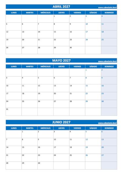 Calendario vertical del segundo trimestre de 2027 en azul con abril, mayo y junio para imprimir