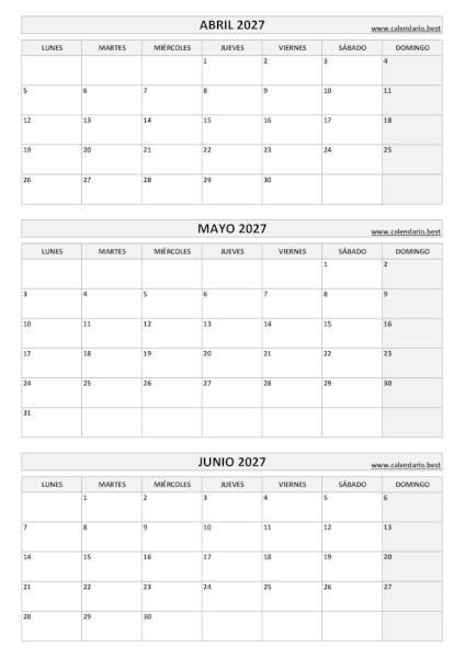 Calendario del segundo trimestre de 2027 en blanco y negro con abril, mayo y junio