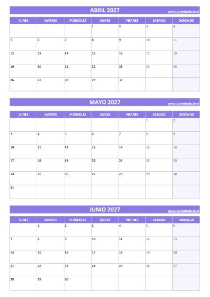 Calendario del segundo trimestre de 2027 en morado con abril, mayo y junio
