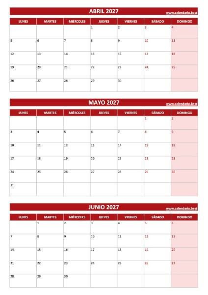 Calendario del segundo trimestre de 2027 con abril, mayo y junio para imprimir