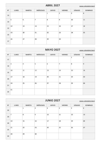Calendario vertical del segundo trimestre de 2027 con números de semana en blanco y negro para imprimir