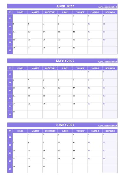 Calendario del segundo trimestre de 2027, de abril a junio, con números de semana para imprimir en A4 vertical, rojo