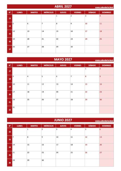 Calendario del segundo trimestre de 2027, de abril a junio, con números de semana para imprimir en A4 vertical, rojo