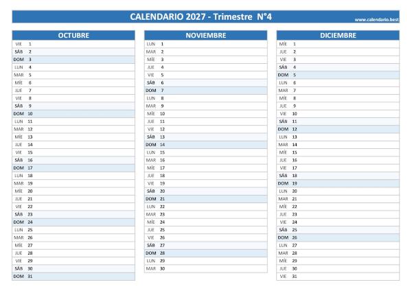 Calendario del cuarto trimestre de 2027, de julio a septiembre, para imprimir en A4 horizontal, azul