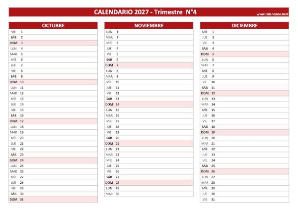 Calendario del cuarto trimestre de 2027, de julio a septiembre, para imprimir en A4 horizontal, rojo