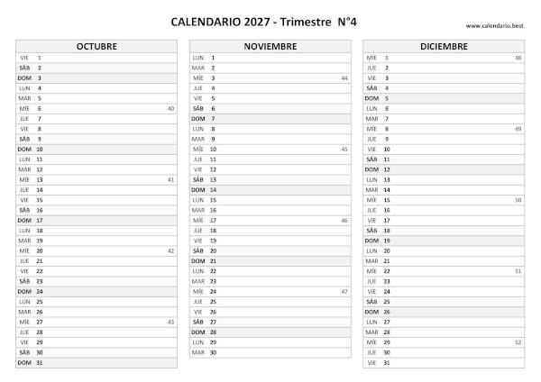 Calendario de octubre, noviembre y diciembre de 2027 con números de semana para imprimir en A4 horizontal, blanco y negro