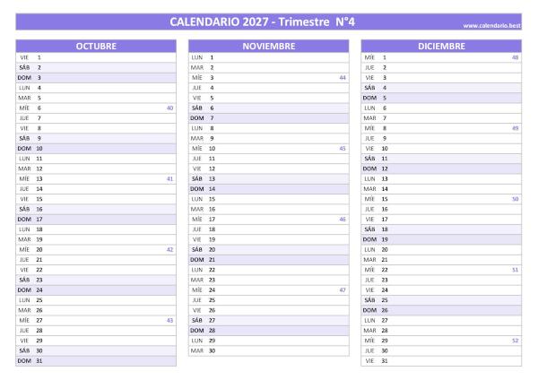 Calendario de octubre, noviembre y diciembre de 2027 con números de semana para imprimir en A4 horizontal, morado