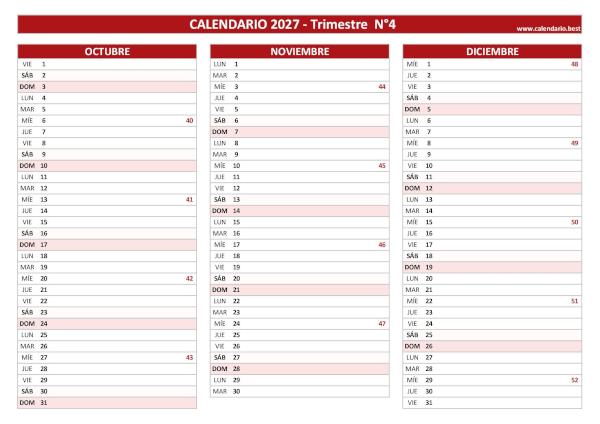 Calendario de octubre, noviembre y diciembre de 2027 con números de semana para imprimir en A4 horizontal, rojo