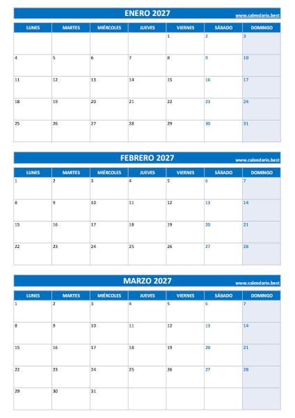 Calendario vertical del primer trimestre de 2027 en azul con enero, febrero y marzo para imprimir