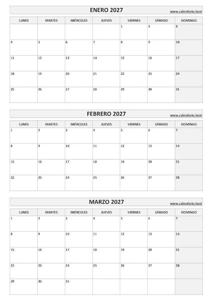 Calendario del primer trimestre de 2027 en blanco y negro con enero, febrero y marzo