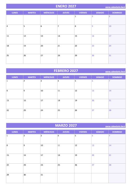 Calendario del primer trimestre de 2027 en morado con enero, febrero y marzo
