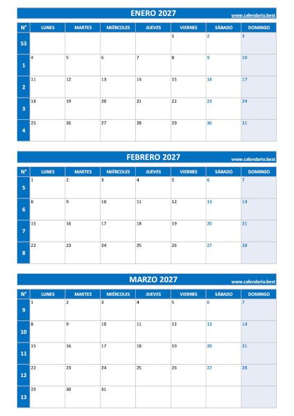 Calendario del primer trimestre de 2027, de enero a marzo, con números de semana para imprimir en A4 vertical, azul