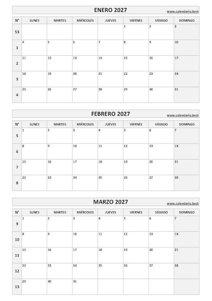 Calendario del primer trimestre de 2027, de enero a marzo, con números de semana para imprimir en A4 vertical, blanco y negro
