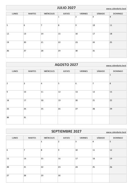 Calendario del tercer trimestre de 2027 en blanco y negro con julio, agosto y septiembre