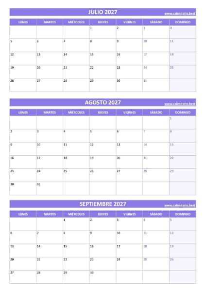 Calendario del tercer trimestre de 2027 en morado con julio, agosto y septiembre