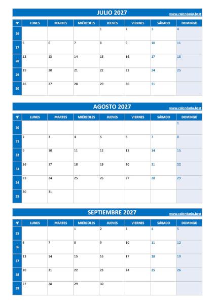 Calendario del tercer trimestre de 2027, de julio a septiembre, con números de semana para imprimir en A4 vertical, azul