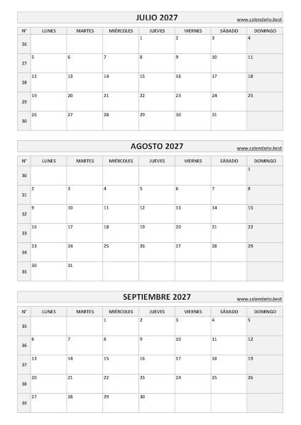 Calendario del tercer trimestre de 2027, de julio a septiembre, con números de semana para imprimir en A4 vertical, blanco y negro