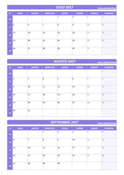 Calendario del tercer trimestre de 2027, de julio a septiembre, con números de semana para imprimir en A4 vertical, rojo