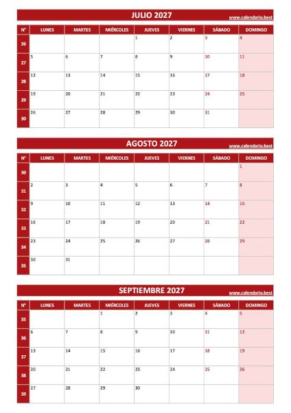 Calendario del tercer trimestre de 2027, de julio a septiembre, con números de semana para imprimir en A4 vertical, rojo