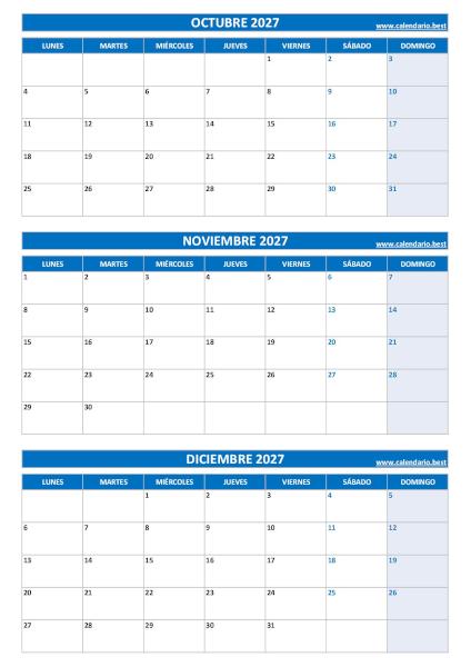 Calendario vertical del cuarto trimestre de 2027 en azul con octubre, noviembre y diciembre para imprimir