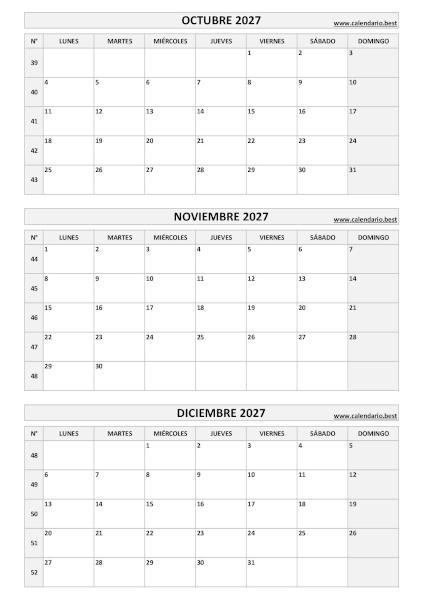 Calendario del cuarto trimestre de 2027, de julio a septiembre, con números de semana para imprimir en A4 vertical, blanco y negro