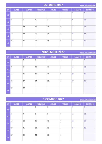 Calendario del cuarto trimestre de 2027, de julio a septiembre, con números de semana para imprimir en A4 vertical, rojo
