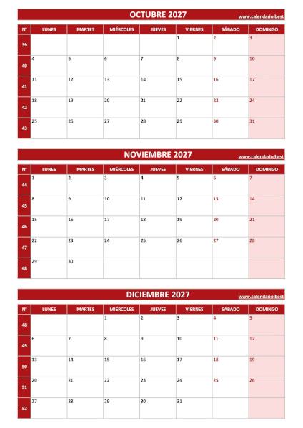 Calendario del cuarto trimestre de 2027, de julio a septiembre, con números de semana para imprimir en A4 vertical, rojo