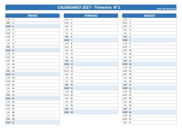 Calendario del primer trimestre de 2027, de enero a marzo, para imprimir en A4 horizontal, azul