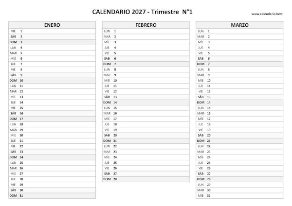 Calendario del primer trimestre de 2027 en blanco y negro con enero, febrero y marzo