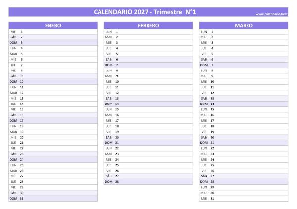 Calendario del primer trimestre de 2027, de enero a marzo, para imprimir en A4 horizontal, morado