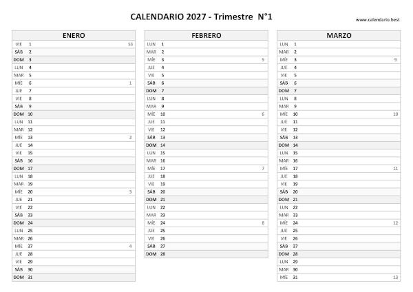Calendario de enero, febrero y marzo de 2027 con números de semana para imprimir en A4 horizontal, blanco y negro