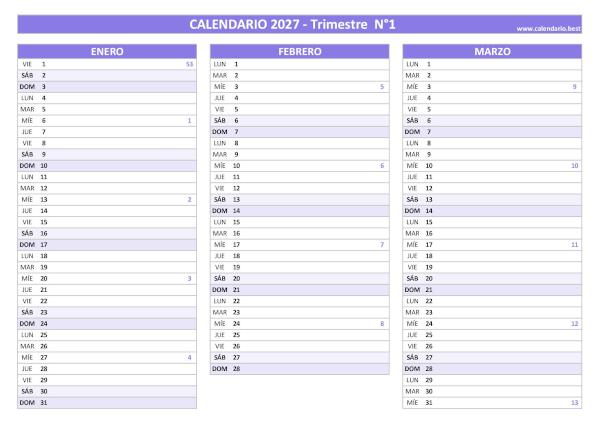Calendario de enero, febrero y marzo de 2027 con números de semana para imprimir en A4 horizontal, morado