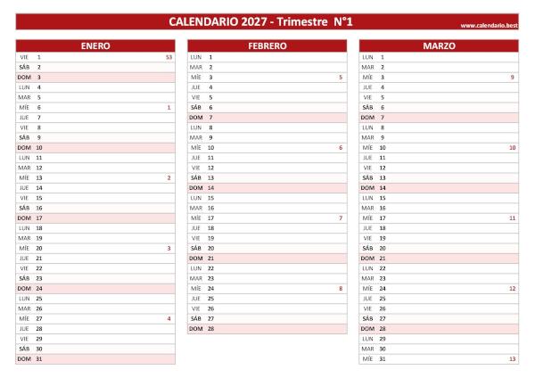 Calendario horizontal del primer trimestre de 2027 con números de semana en rojo para imprimir