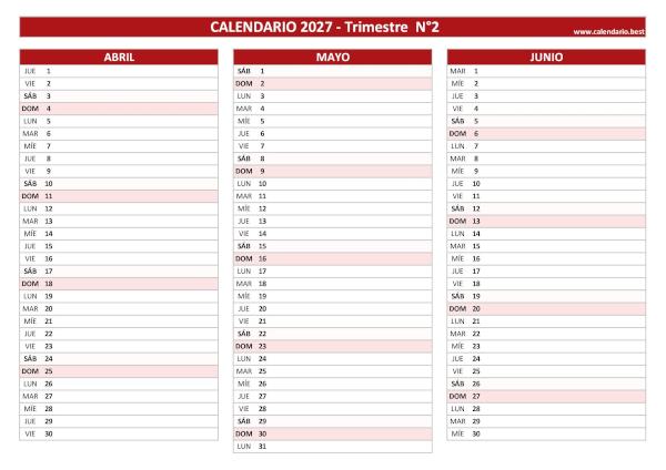 Calendario del segundo trimestre de 2027, de abril a junio, para imprimir en A4 horizontal, rojo