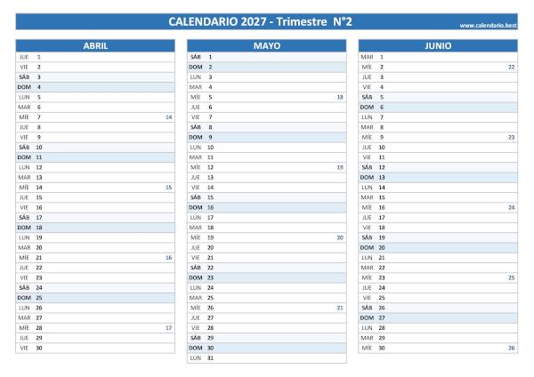 Calendario de abril, mayo y junio de 2027 con números de semana para imprimir en A4 horizontal, azul