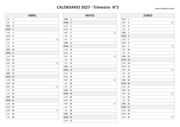 Calendario de abril, mayo y junio de 2027 con números de semana para imprimir en A4 horizontal, blanco y negro