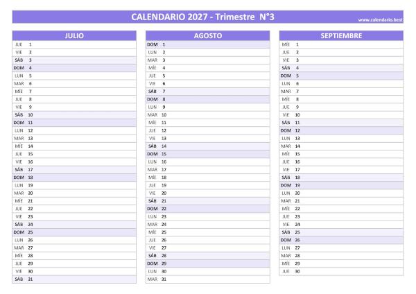 Calendario del tercer trimestre de 2027, de julio a septiembre, para imprimir en A4 horizontal, morado