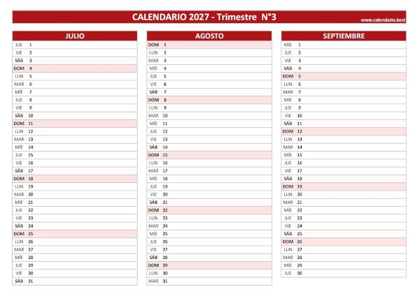 Calendario del tercer trimestre de 2027, de julio a septiembre, para imprimir en A4 horizontal, rojo