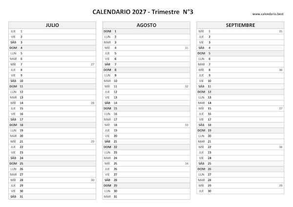 Calendario de julio, agosto y septiembre de 2027 con números de semana para imprimir en A4 horizontal, blanco y negro