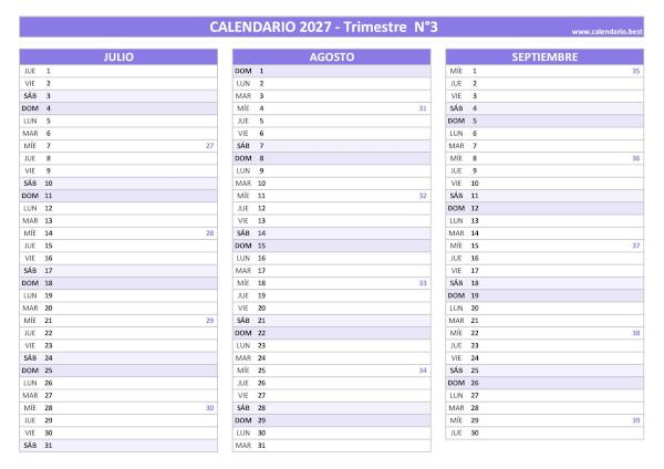 Calendario de julio, agosto y septiembre de 2027 con números de semana para imprimir en A4 horizontal, morado