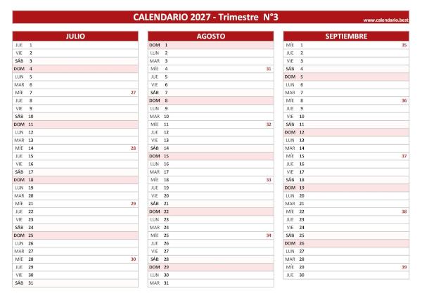 Calendario de julio, agosto y septiembre de 2027 con números de semana para imprimir en A4 horizontal, rojo